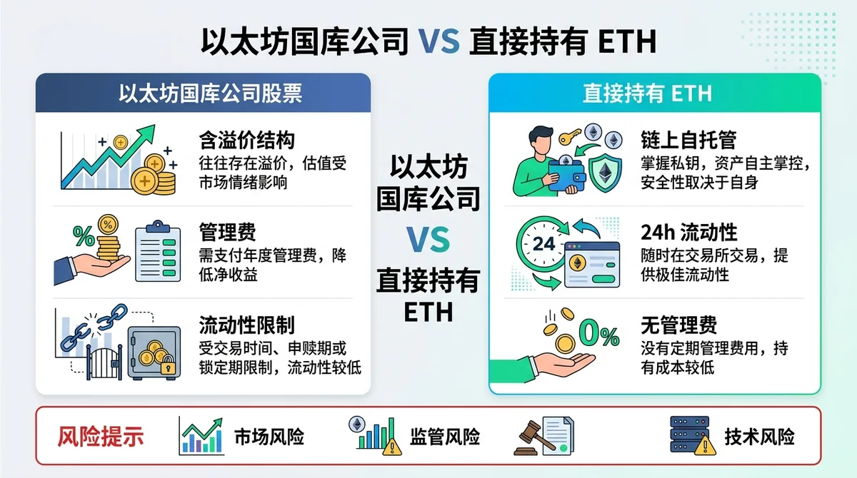 以太坊国库公司 vs 直接持有 ETH 的对比信息图：左右两栏分别列出 ETH 国库股（含溢价结构、管理费、流动性限制）与直接持有 ETH（链上自托管、24h流动性、无管理费）的核心差异，底部附风险提示