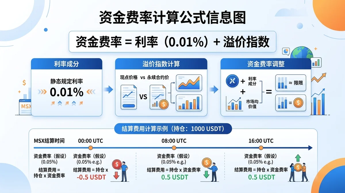 资金费率计算公式信息图：顶部展示公式'资金费率 = 利率（0.01%）+ 溢价指数'，中部用分步流程图拆解各组成部分含义，底部用示例数字（持仓1000 USDT）演示每次结算费用计算过程，同时标注MSX每日三次结算时间节点（00:00 / 08:00