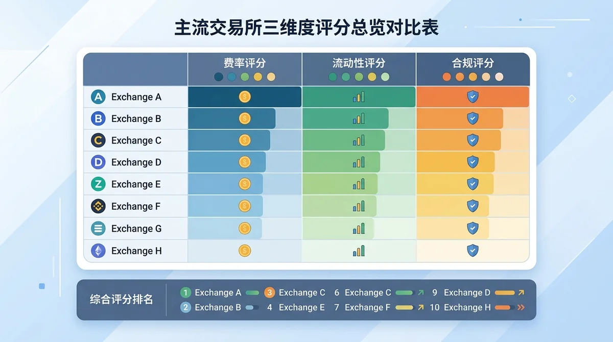 主流交易所三维度评分总览对比表：行为各大交易所名称，列为费率评分、流动性评分、合规评分，颜色深浅代表分值高低，底部附综合评分排名