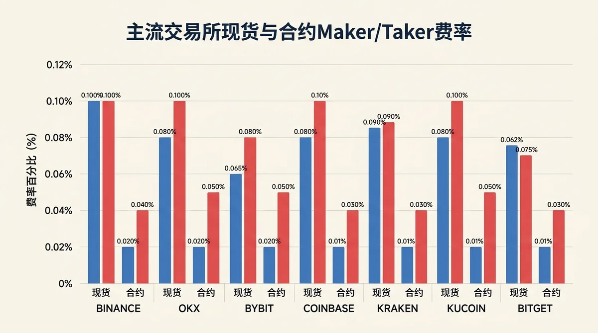 主流交易所现货与合约Maker/Taker费率并列柱状图，X轴为交易所名称，Y轴为费率百分比，蓝色柱为Maker费率，红色柱为Taker费率，标注各柱具体数值