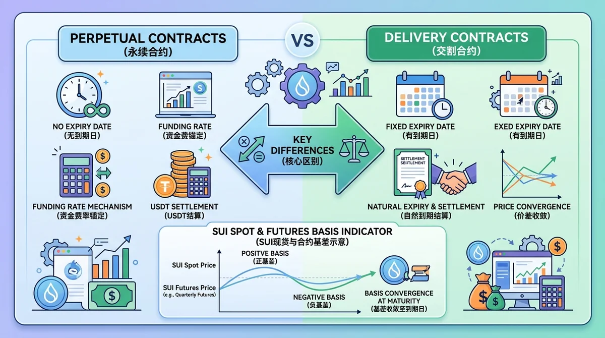 永续合约与交割合约核心区别对比信息图:左侧展示永续合约特性(无到期日、资金费率锚定、USDT结算),右侧展示交割合约特性(有到期日、自然到期结算、价差收敛),中央箭头标注关键区别,底部附 SUI 现货与合约基差示意