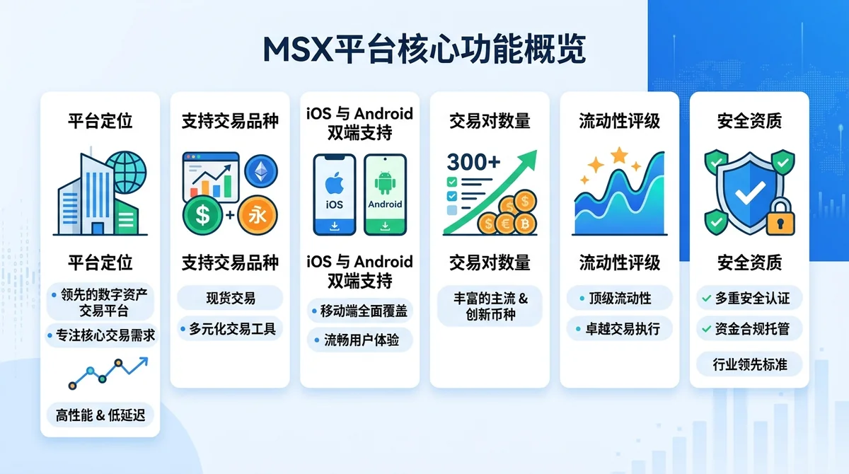 MSX平台核心功能概览信息图：横向排列展示平台定位、支持交易品种（现货/永续合约）、iOS与Android双端支持、交易对数量、流动性评级、安全资质等核心数据点，采用图标+数据卡片形式