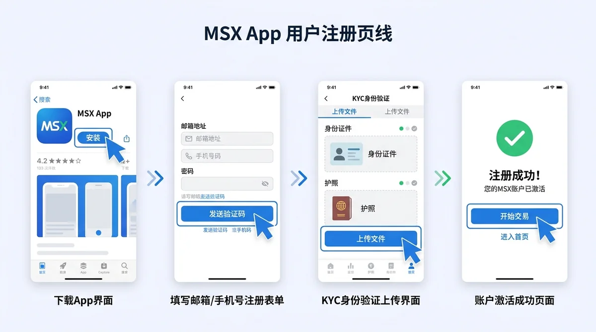 MSX App注册流程步骤图：横向分步展示4个注册关键步骤——①下载App界面、②填写邮箱/手机号注册表单、③KYC身份验证上传界面、④账户激活成功页面，每步配箭头与高亮标注操作位置