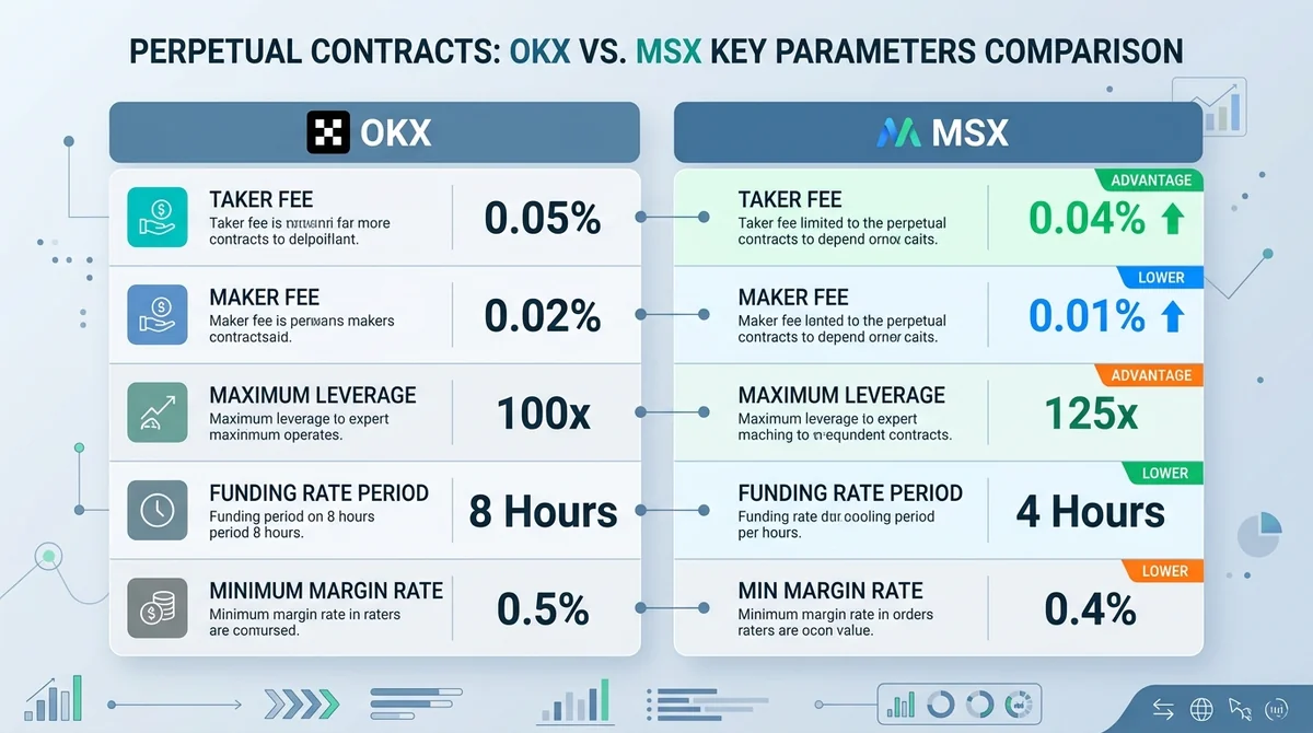 OKX与MSX永续合约关键参数横向对比柱状图或双列对比卡片：展示taker费率、maker费率、最大杠杆倍数、资金费率周期、最小保证金率，突出MSX在费率上的优势数据