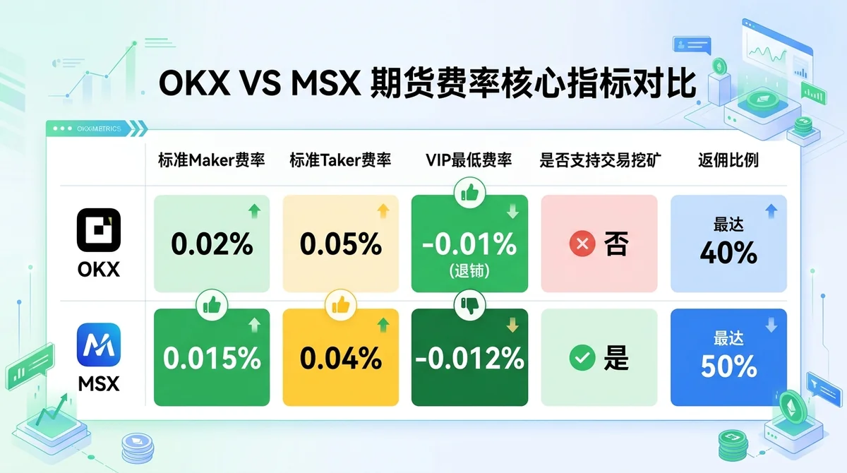 OKX vs MSX 期货费率核心指标对比表格图:行为两平台,列为标准Maker费率、标准Taker费率、VIP最低费率、是否支持交易挖矿、返佣比例,数据以不同色块区分优劣