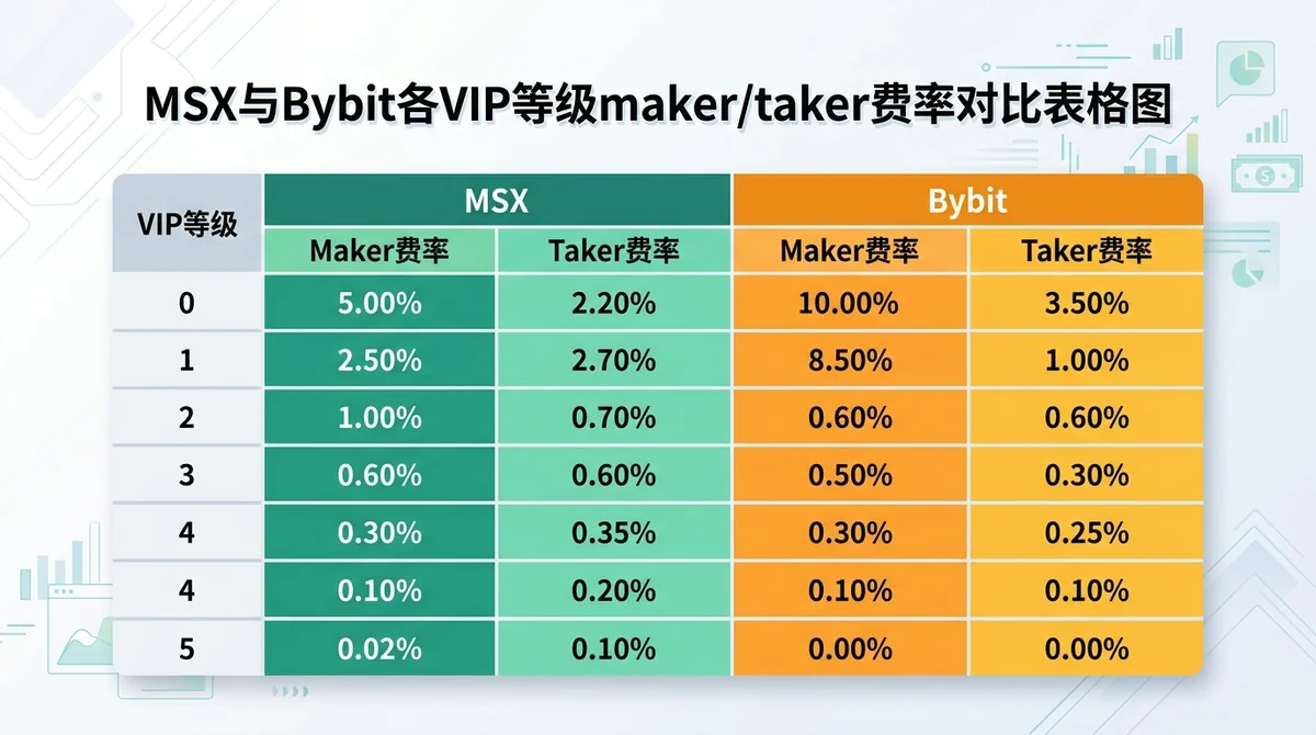 MSX与Bybit各VIP等级maker/taker费率对比表格图:纵轴为VIP等级0-5,横向分MSX与Bybit两组,每组显示maker费率和taker费率具体数值,配色区分两平台