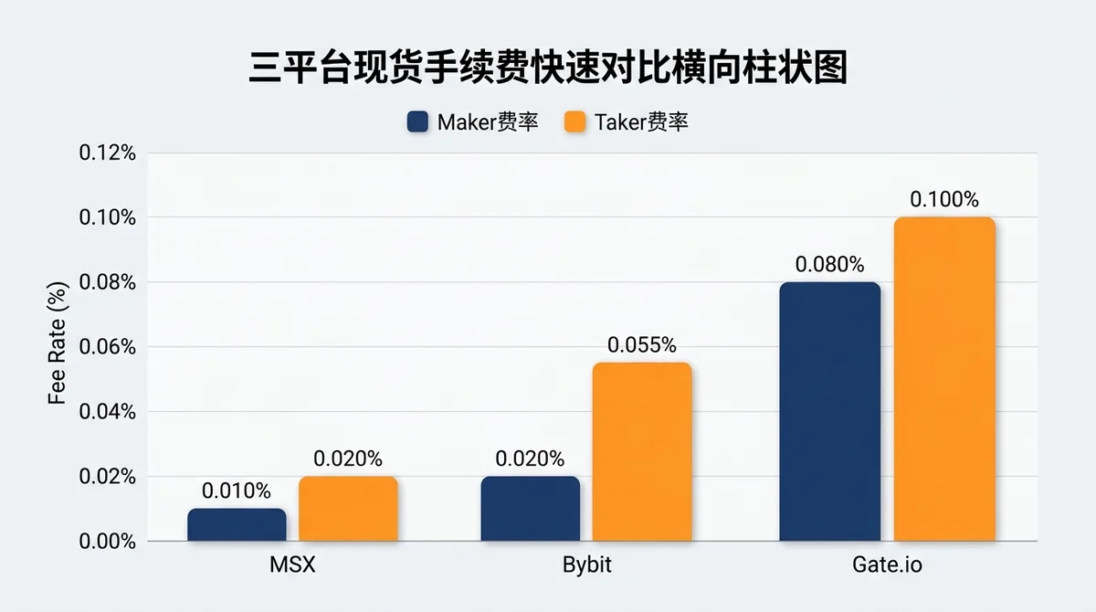 三平台现货手续费快速对比横向柱状图:并排展示MSX、Bybit、Gate.io的标准Maker费率与Taker费率,每组两根柱子分别用不同颜色区分Maker/Taker,柱子顶部标注具体费率百分比数值,X轴为平台名称,Y轴为费率百分比