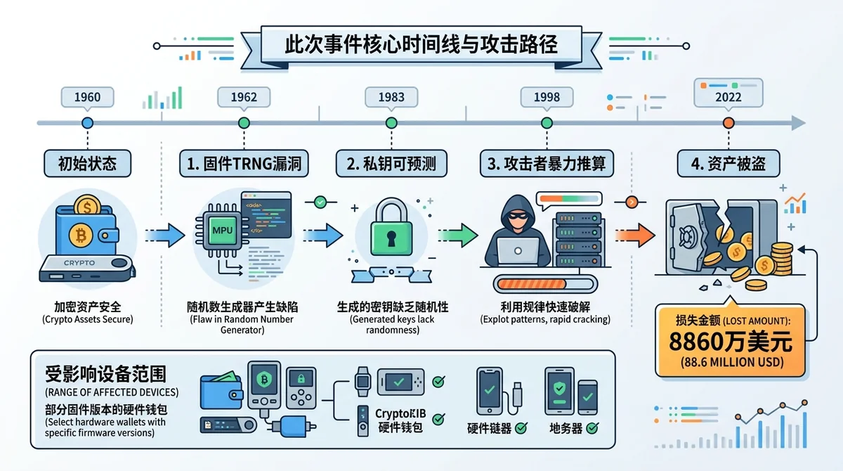 横向信息图:展示此次事件核心时间线与攻击路径——固件TRNG漏洞 → 私钥可预测 → 攻击者暴力推算 → 资产被盗,配合关键数字8860万美元和受影响设备范围,帮助用户快速理解漏洞机制