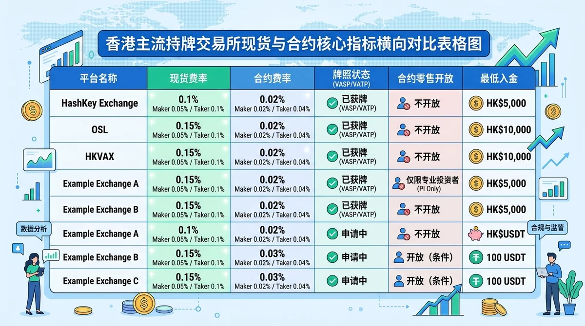 香港主流持牌交易所现货与合约核心指标横向对比表格图:行为各持牌平台,列为现货费率、合约费率、牌照状态(VASP/VATP)、合约零售开放状态、最低入金,每格标注具体数值