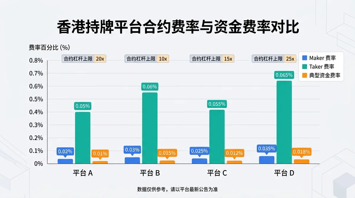 香港持牌平台合约费率与资金费率对比柱状图:横轴为各平台名称,纵轴为费率百分比,每个平台显示 maker 费率、taker 费率与典型资金费率三组柱,附加合约杠杆上限标注