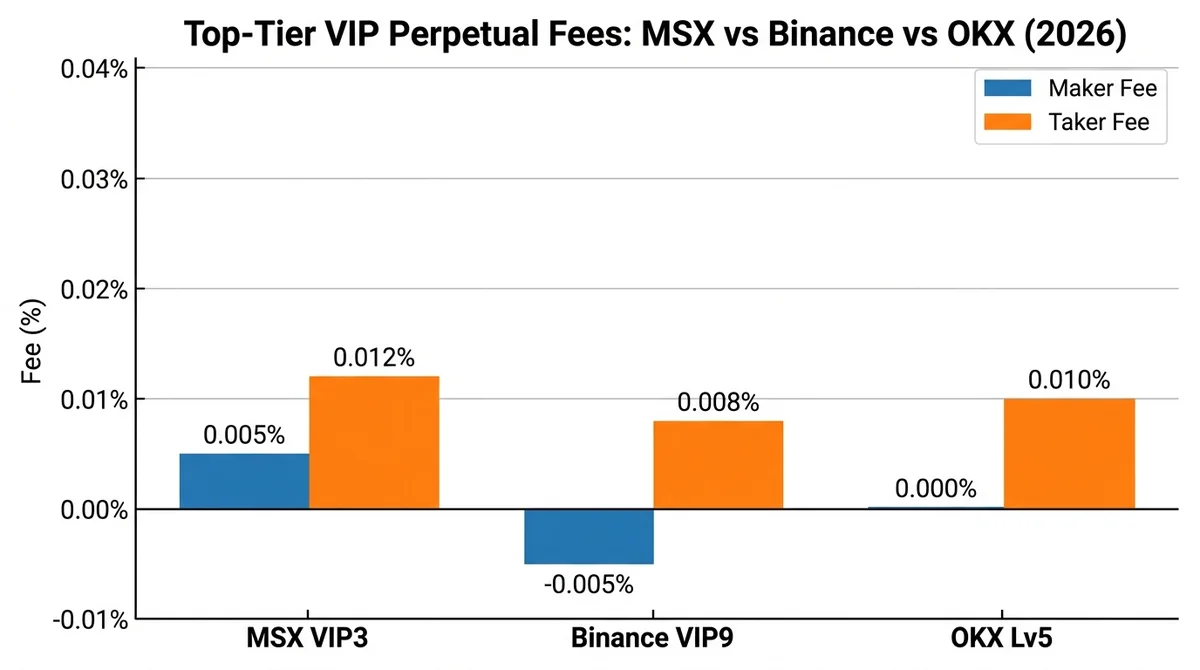 Wide 16:9 horizontal grouped bar chart, clean white background, X-axis labels 'MSX VIP3', 'Binance VIP9', 'OKX Lv5' in bold E