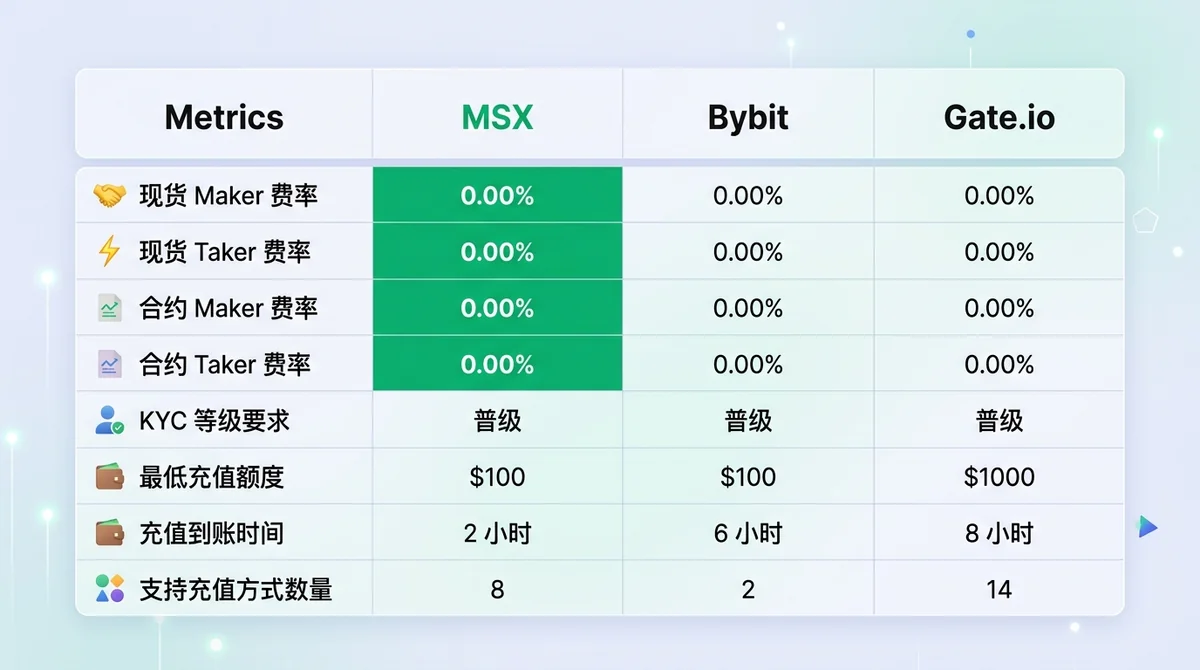三家交易所核心指标并排对比表格图:行为各指标(现货maker费率、现货taker费率、合约maker费率、合约taker费率、KYC等级要求、最低充值额度、充值到账时间、支持充值方式数量),列为 MSX / Bybit / Gate.io,MSX 费