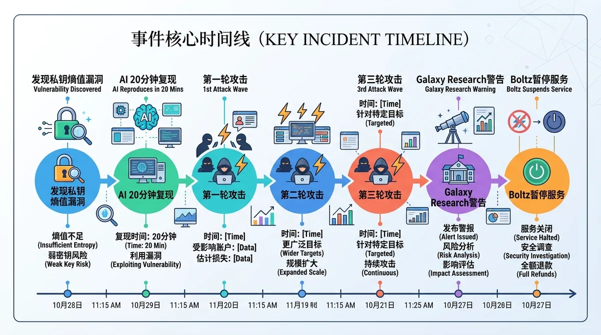事件核心时间线信息图：横向时间轴展示私钥熵值漏洞被发现→AI 20分钟复现→第一轮攻击→第二轮攻击→第三轮攻击→Galaxy Research警告→Boltz暂停服务的完整事件链，每个节点标注关键数据