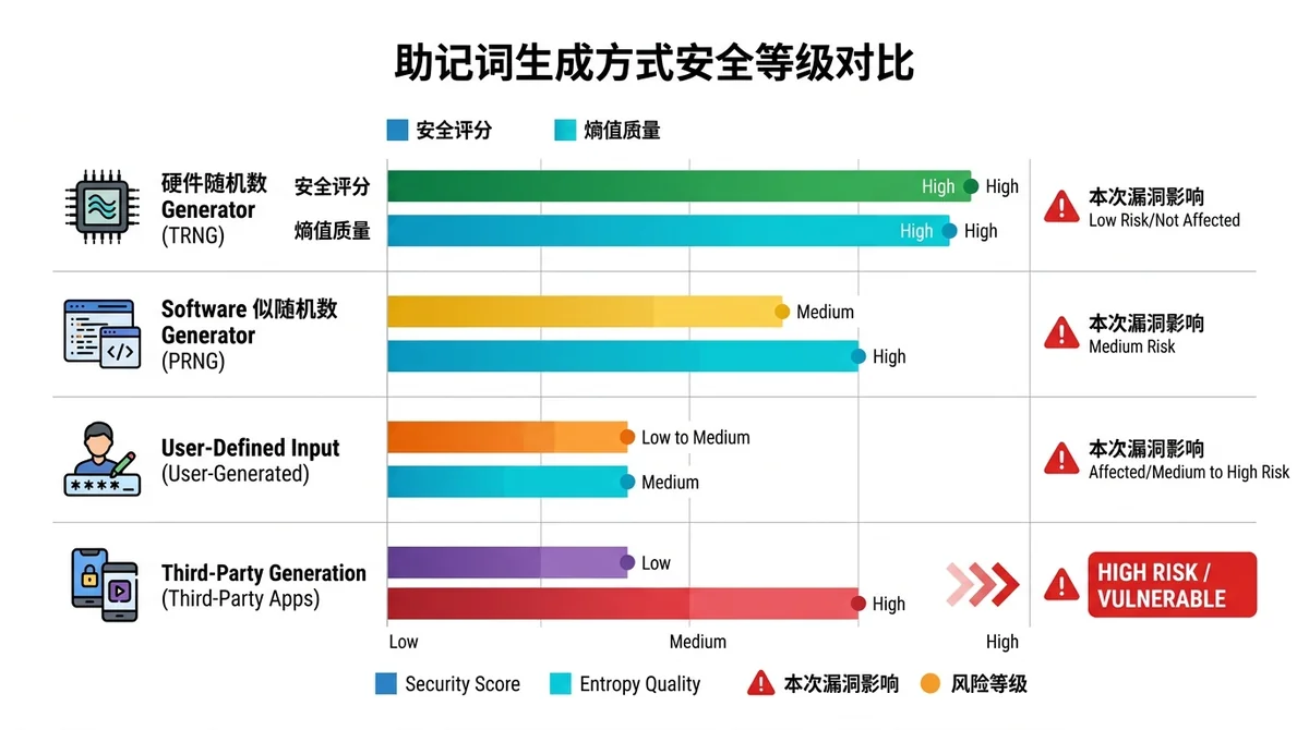 助记词生成方式安全等级对比横向条形图：对比硬件随机数（TRNG）、软件伪随机数（PRNG）、用户自定义输入、第三方工具生成四类方式的安全评分与熵值质量，并标注受本次漏洞影响的风险等级