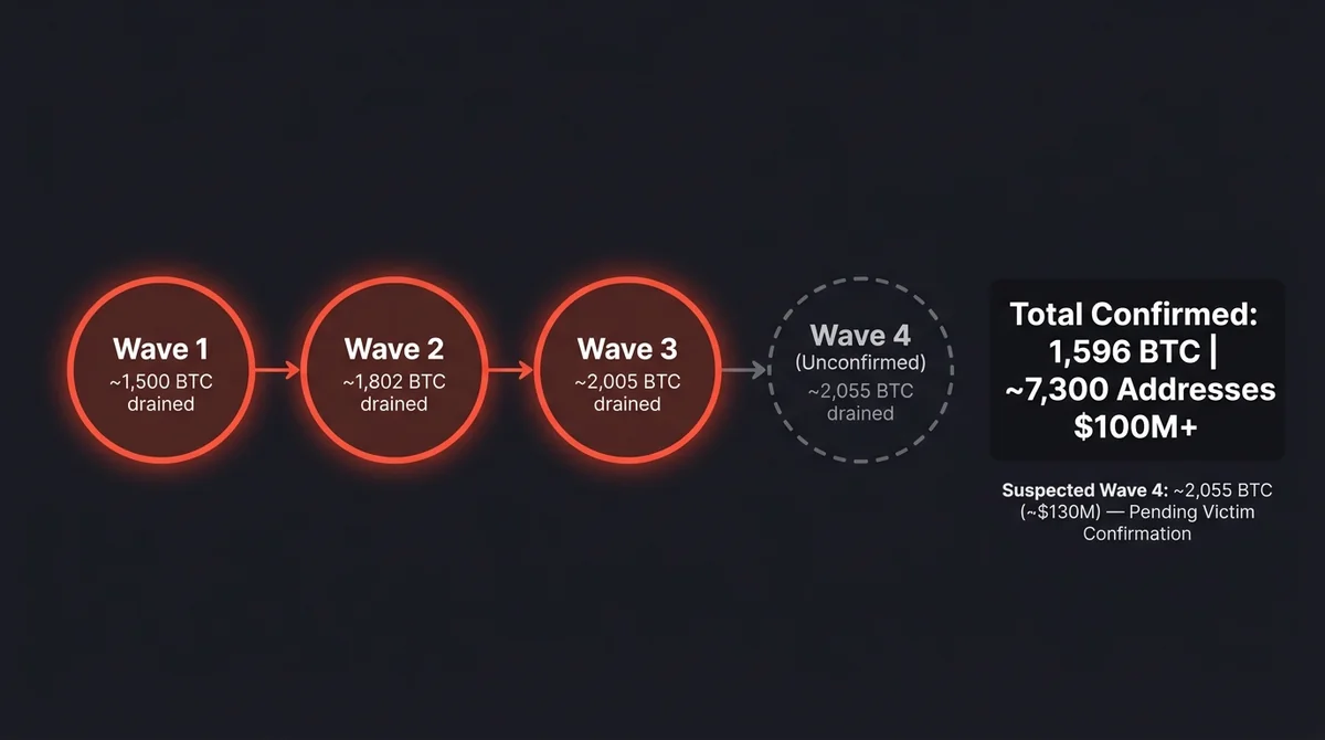 Wide 16:9 horizontal timeline infographic, dark background, left-to-right horizontal flow with four nodes labeled 'Wave 1', '