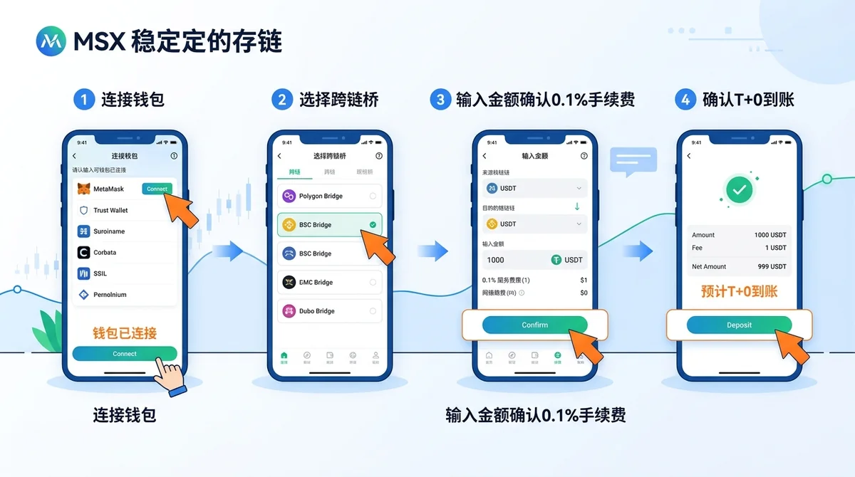 MSX稳定币入金操作流程步骤图:以移动端UI风格展示4个步骤——Step 1连接钱包、Step 2选择跨链桥、Step 3输入金额确认0.1%手续费、Step 4确认T+0到账,每步配箭头高亮关键操作位置
