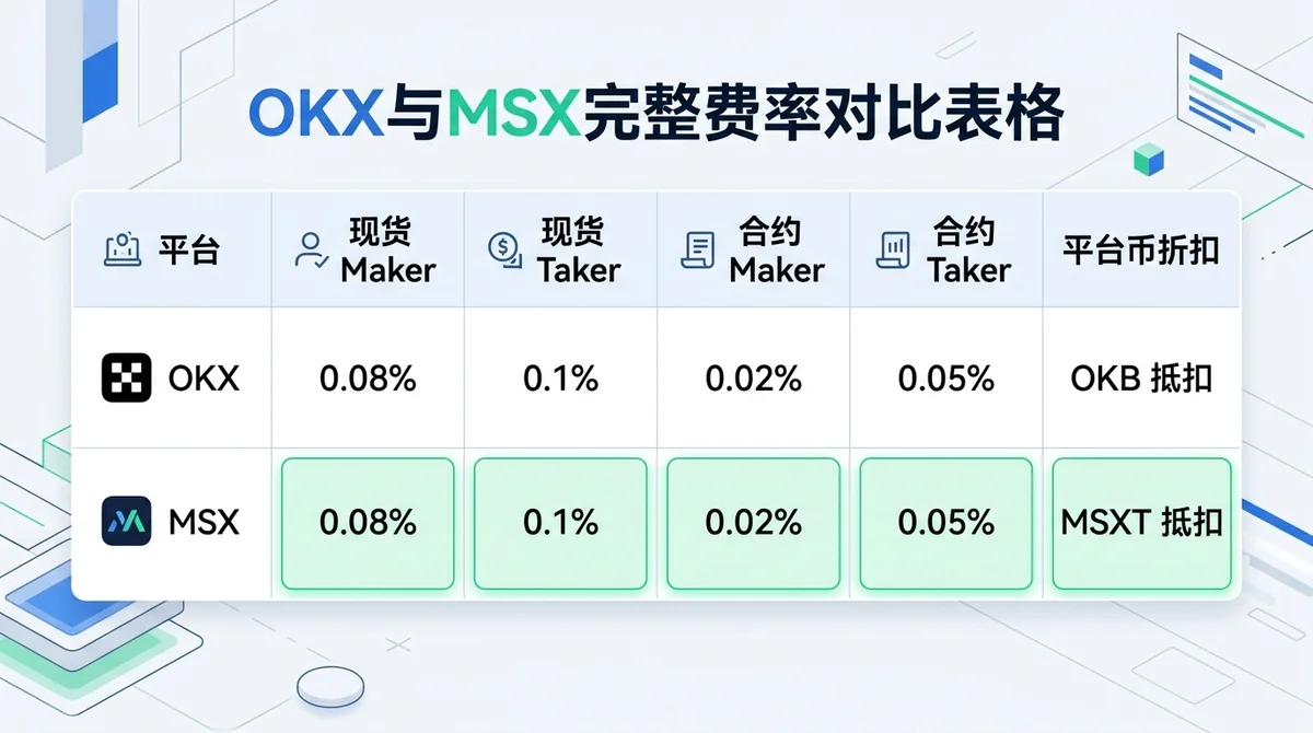 OKX与MSX完整费率对比表格图:包含现货maker/taker、合约maker/taker、平台币折扣四列数据,两行分别代表两个平台,高亮MSX费率更低的单元格