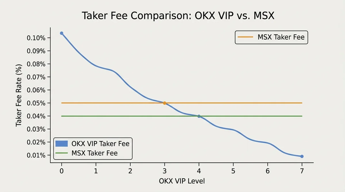 OKX VIP阶梯费率与MSX费率对比折线图:X轴为OKX VIP等级0-7,Y轴为taker费率百分比,MSX费率作为水平基准线,直观展示何时OKX VIP费率低于MSX