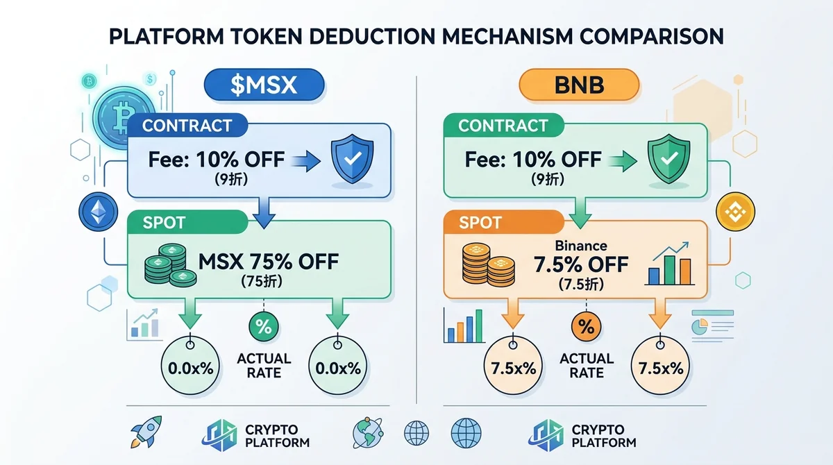 平台币抵扣机制对比图:左右分栏展示$MSX与BNB的折扣详情,包含合约9折、现货MSX 75折/币安7.5折,用百分比标签和箭头说明抵扣后实际费率
