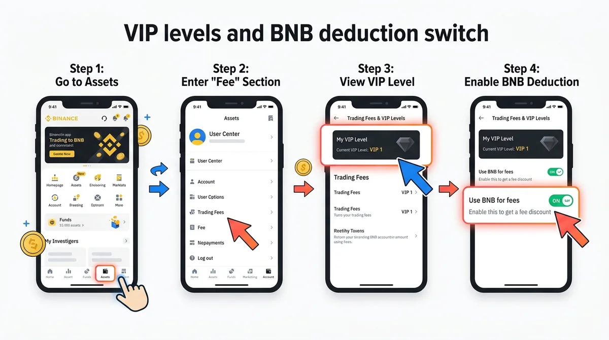 横向步骤操作示意图:模拟Binance App界面,标注「资产→手续费」导航路径,高亮显示VIP等级区域与BNB抵扣开关位置,配箭头指引