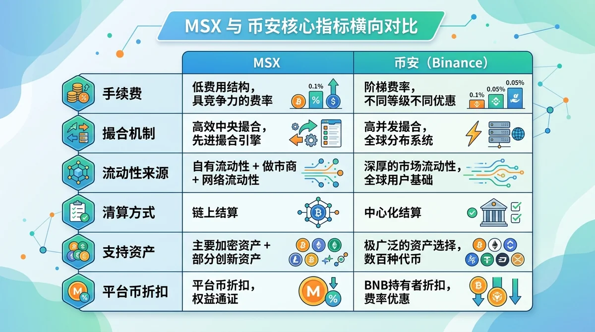 MSX与币安核心指标横向对比表格图:覆盖手续费、撮合机制、流动性来源、清算方式、支持资产、平台币折扣六大维度,两列分别标注MSX和币安数值