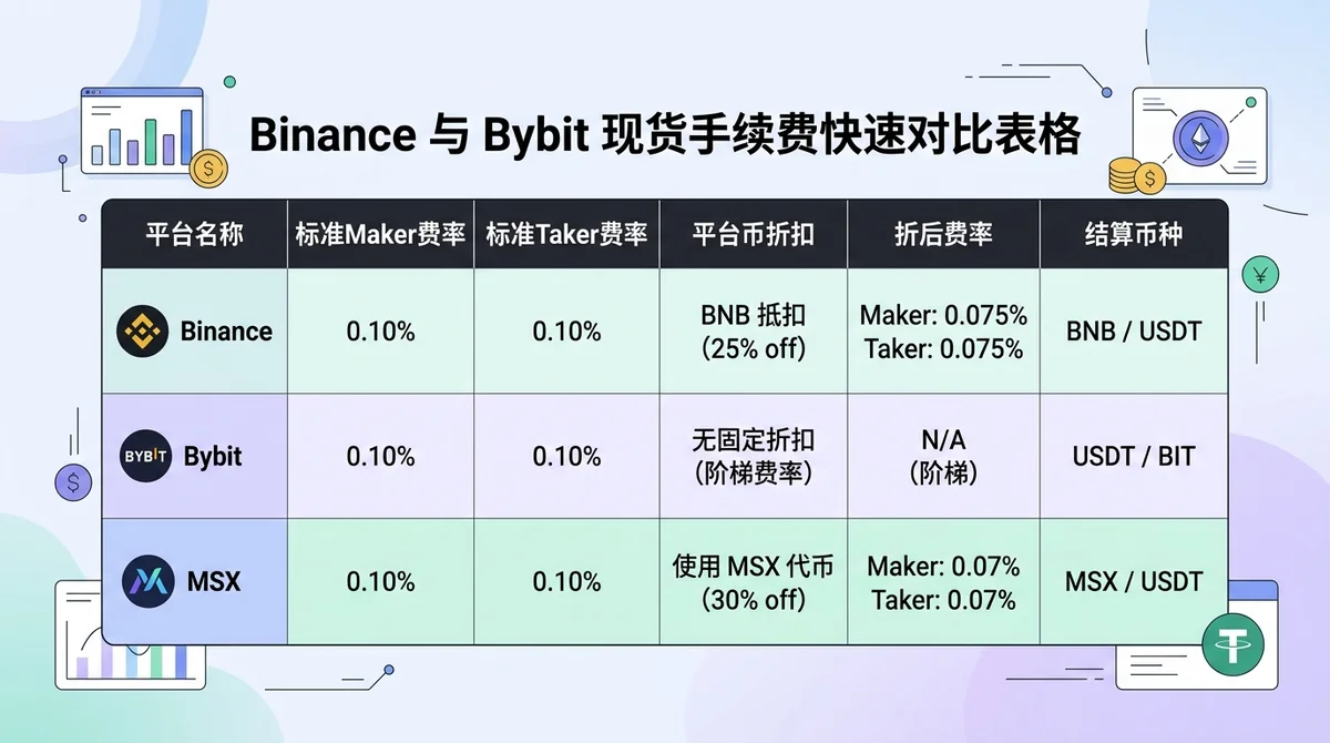 Binance与Bybit现货手续费快速对比表格图:包含平台名称、标准Maker费率、标准Taker费率、平台币折扣、折后费率、结算币种六列数据,MSX作为第三行对比