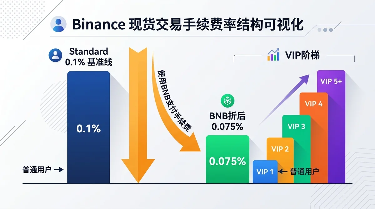 Binance现货费率结构可视化：左侧展示标准0.1%基准线，右侧用箭头向下指向BNB折后0.075%，配合VIP阶梯条形示意，标注普通用户位置