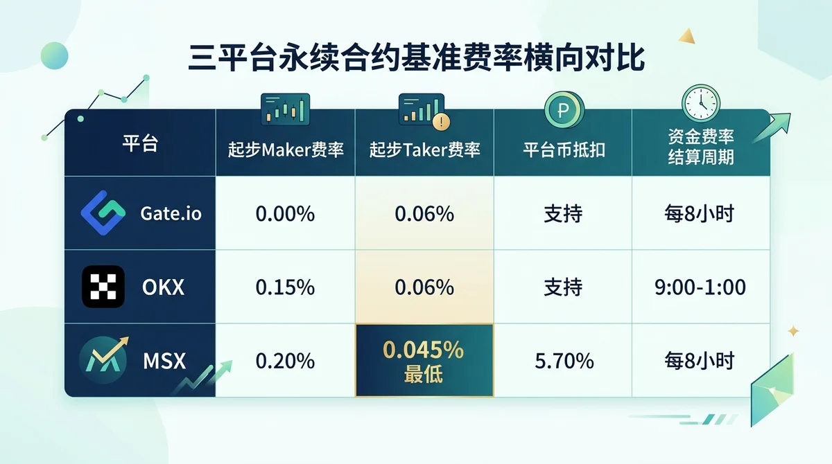 三平台永续合约基准费率横向对比表格图:行为Gate.io/OKX/MSX,列为起步Maker费率、起步Taker费率、平台币抵扣、资金费率结算周期,数据高亮MSX taker 0.045%最低