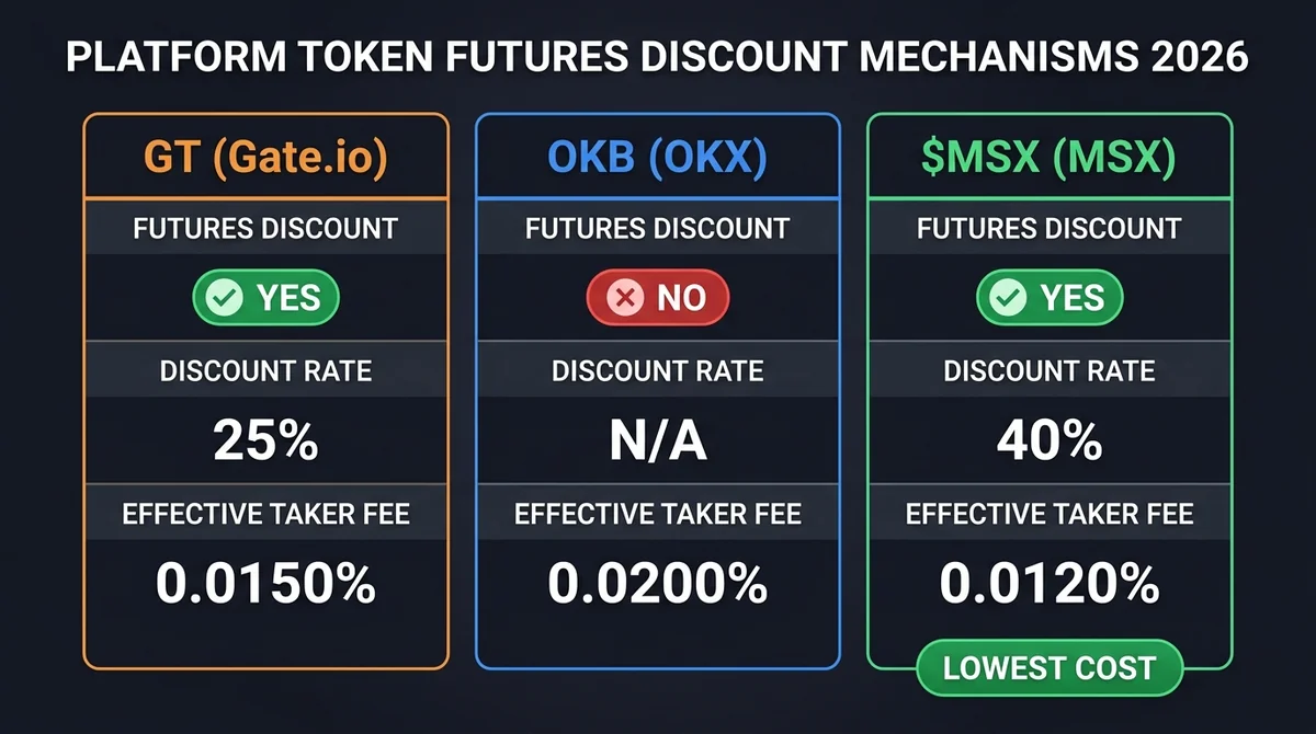 Wide 16:9 horizontal three-column comparison card, dark background, bold English title 'Platform Token Futures Discount Mecha