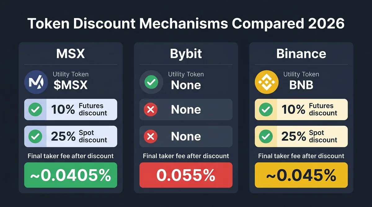 Wide 16:9 horizontal infographic on a dark navy or charcoal background, three columns representing MSX, Bybit, and Binance pl