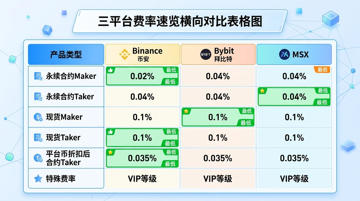 三平台费率速览横向对比表格图：列为平台名称（Binance/Bybit/MSX），行为产品类型（永续合约Maker、永续合约Taker、现货Maker、现货Taker、平台币折扣后合约Taker、特殊费率），数据单元格用颜色标注最低值