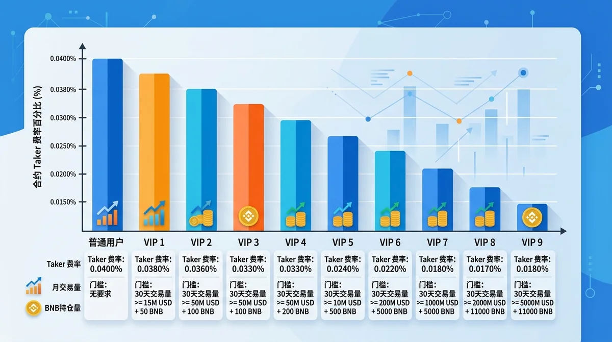 Binance VIP费率阶梯条形图：横轴为VIP等级（普通至VIP9），纵轴为合约Taker费率百分比，展示阶梯式降费路径，并标注各级门槛（月交易量+BNB持仓量）