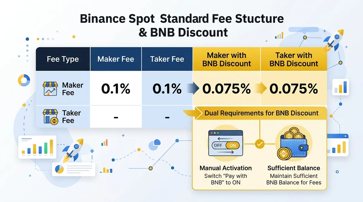 Binance现货标准费率结构说明图：横向对比表格展示Maker费率（0.1%）、Taker费率（0.1%）、BNB折扣后Maker（0.075%）、BNB折扣后Taker（0.075%），并标注折扣生效的双前提条件（手动开启+余额充足）