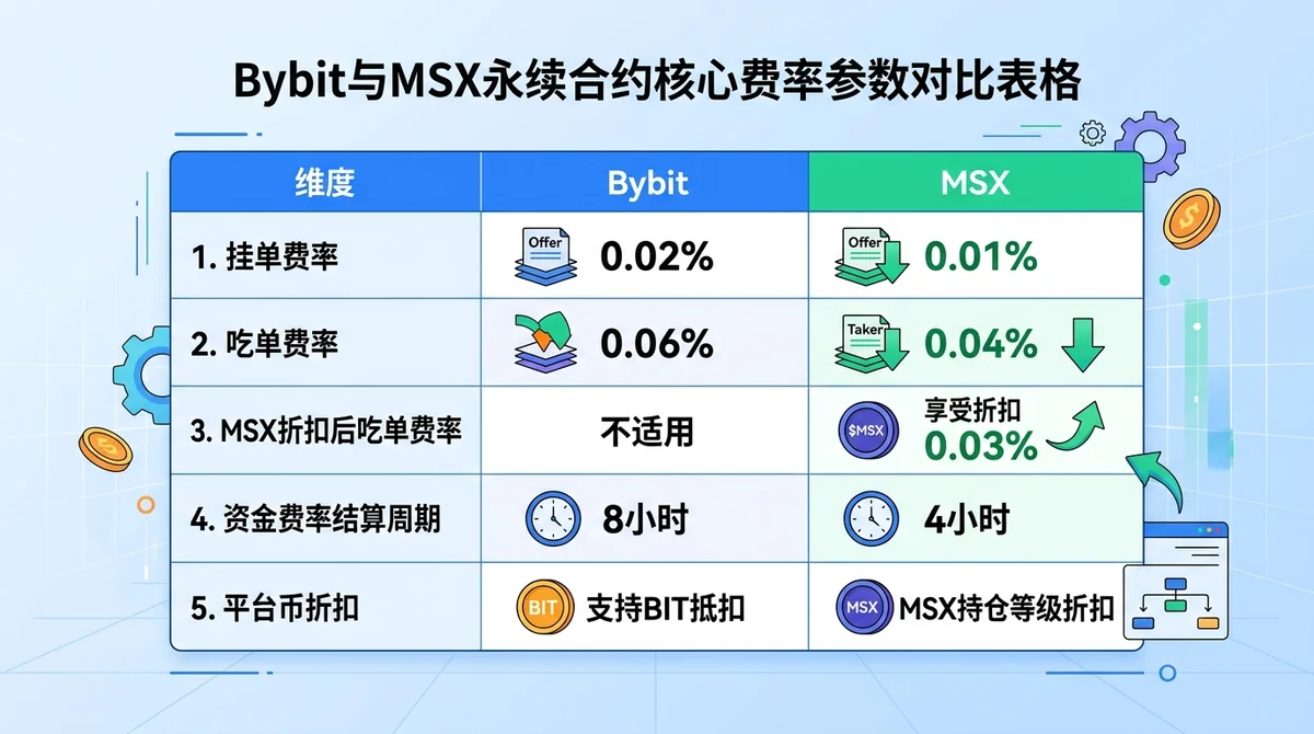 Bybit与MSX永续合约核心费率参数对比表格图:包含挂单费率、吃单费率、$MSX折扣后吃单费率、资金费率结算周期、平台币折扣五个维度的并列对比,数据标注具体百分比数字