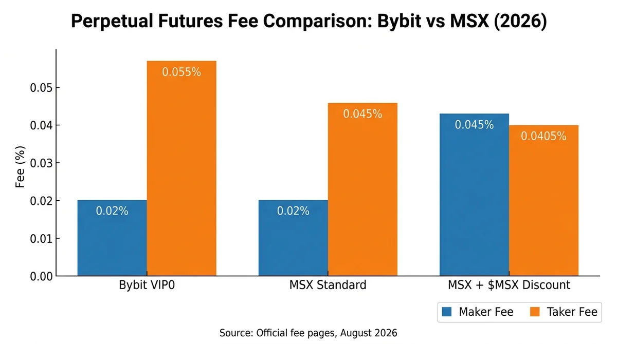 Wide 16:9 horizontal grouped bar chart on white background, title 'Perpetual Futures Fee Comparison: Bybit vs MSX (2026)' in