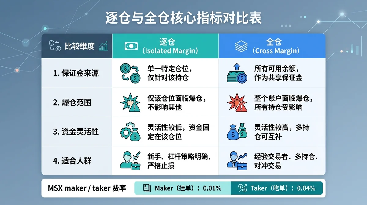 逐仓与全仓核心指标对比表:包含保证金来源、爆仓范围、资金灵活性、适合人群四个维度,两列分别对应逐仓与全仓,搭配颜色区分,底部标注 MSX maker/taker 费率