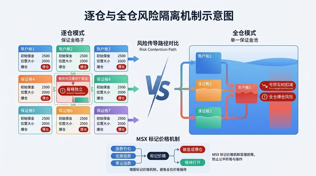 逐仓与全仓风险隔离机制示意图:左侧展示逐仓模式下多个独立保证金格子(每格独立爆仓不蔓延),右侧展示全仓模式下单一保证金池(亏损实时扣减),中间箭头对比两者风险传导路径,底部标注 MSX 标记价格机制