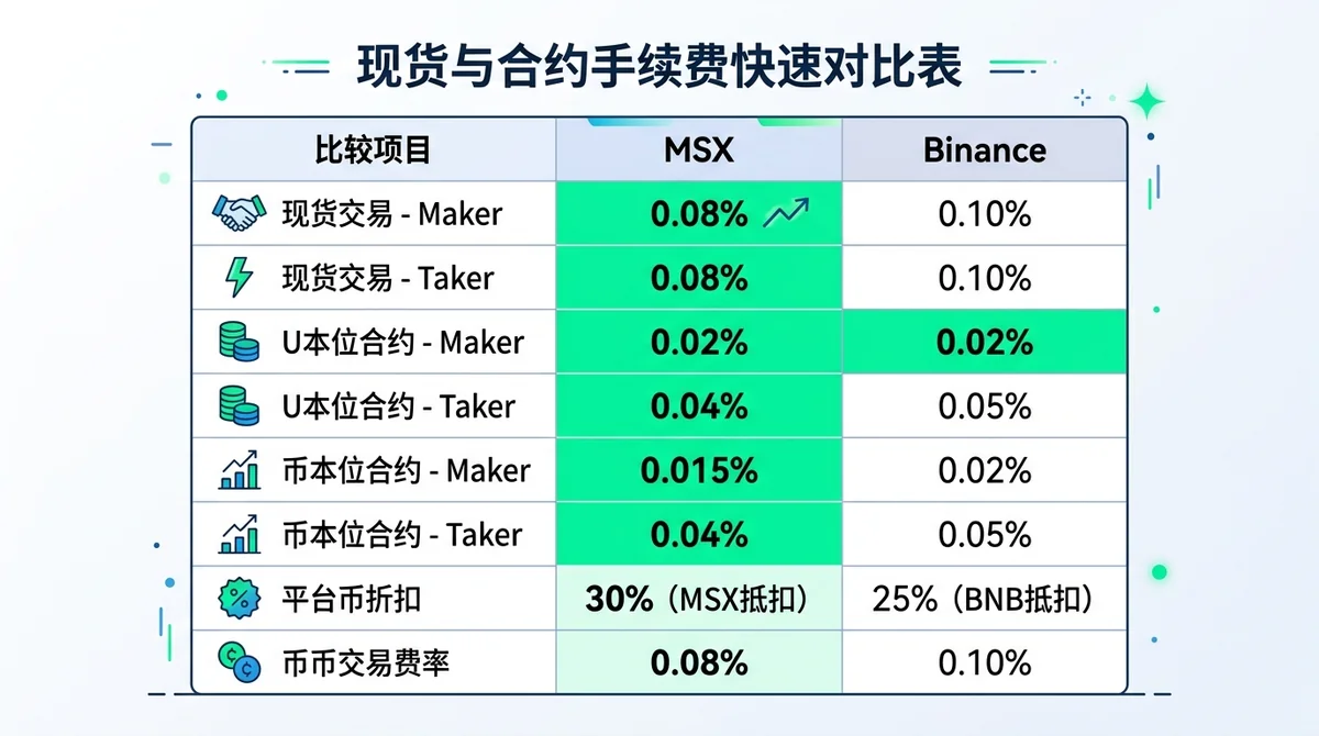现货与合约手续费快速对比表:横向双栏表格,左列 MSX,右列 Binance,行维度包含现货 Maker/Taker、合约 Maker/Taker、平台币折扣、币币交易费率,每格填入具体百分比数值,高亮 MSX 较低的数据格