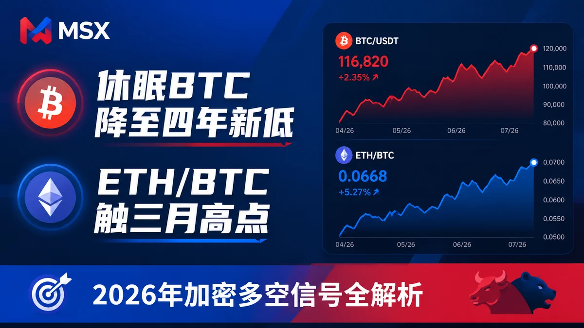 休眠BTC活动降至四年新低、ETH/BTC比率触三月高点：2026年加密多空信号全解析与MSX布局策略
